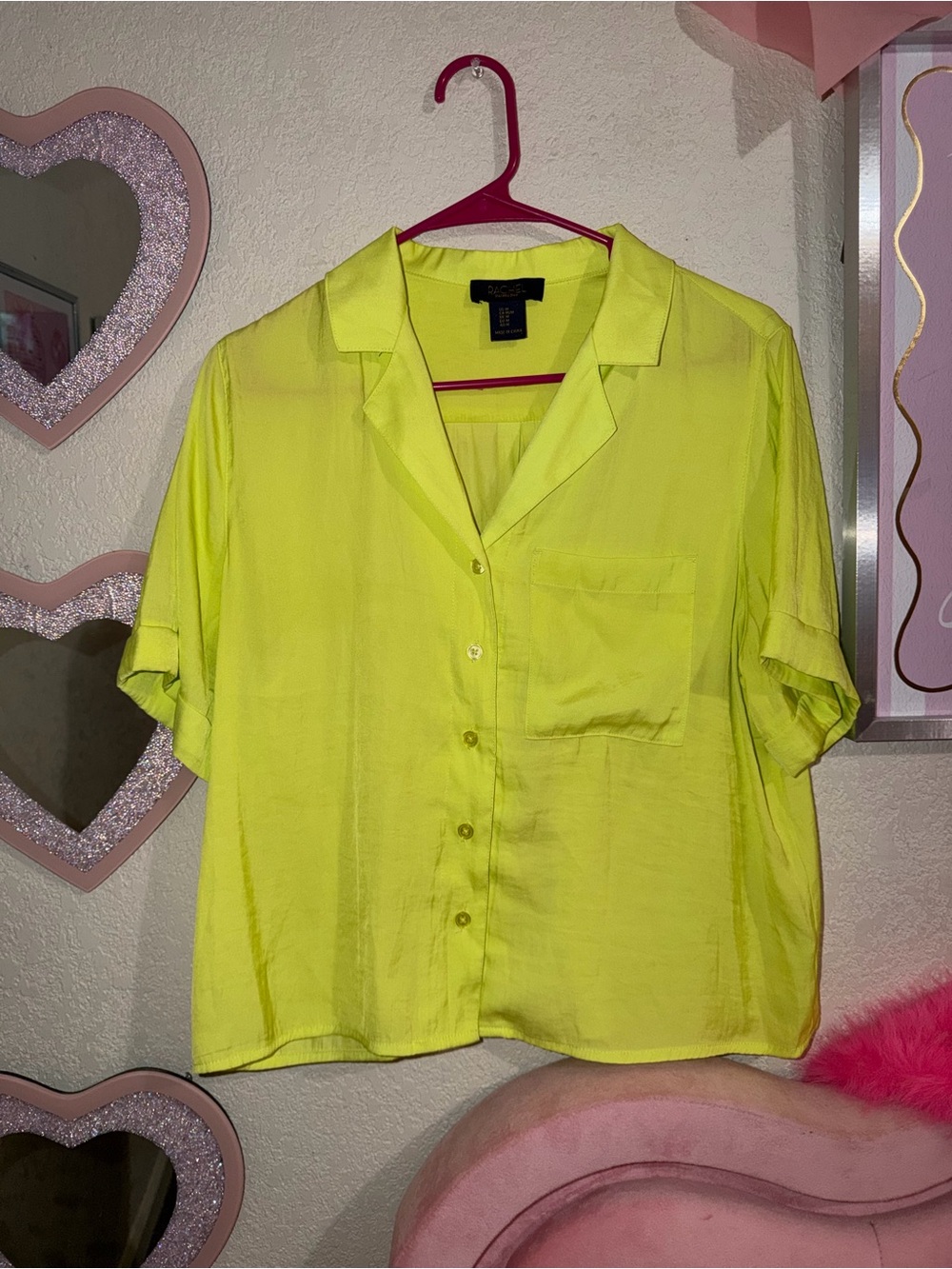 RACHEL Rachel Roy Neon Yellow Short Sleeve Button-Down Shirt